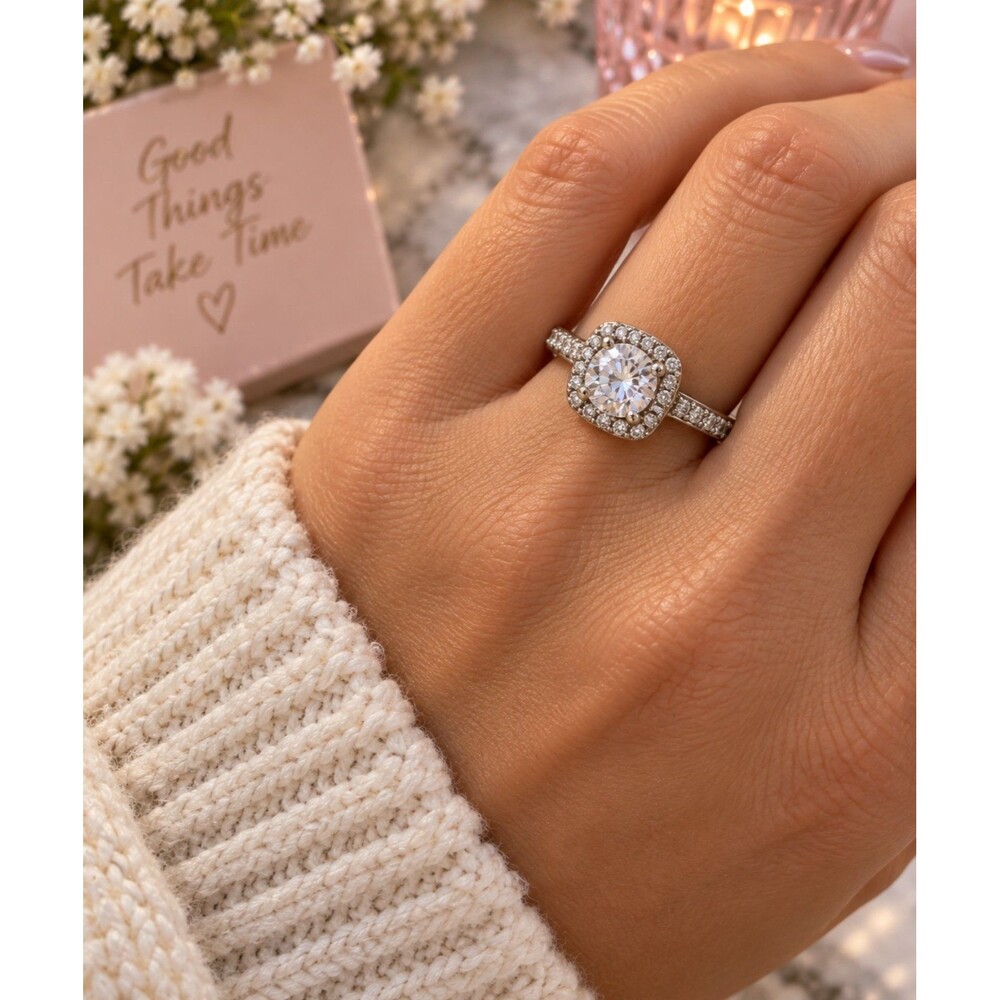 Adjustable Cushion Cut Rhinestone Ring, Silver Tone Halo Statement Ring
